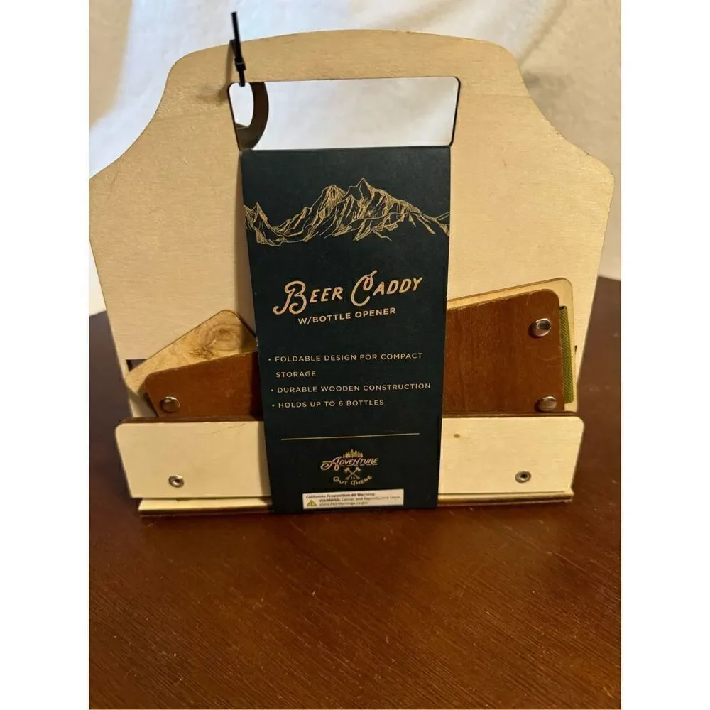 NWT wooden beverage caddy with opener